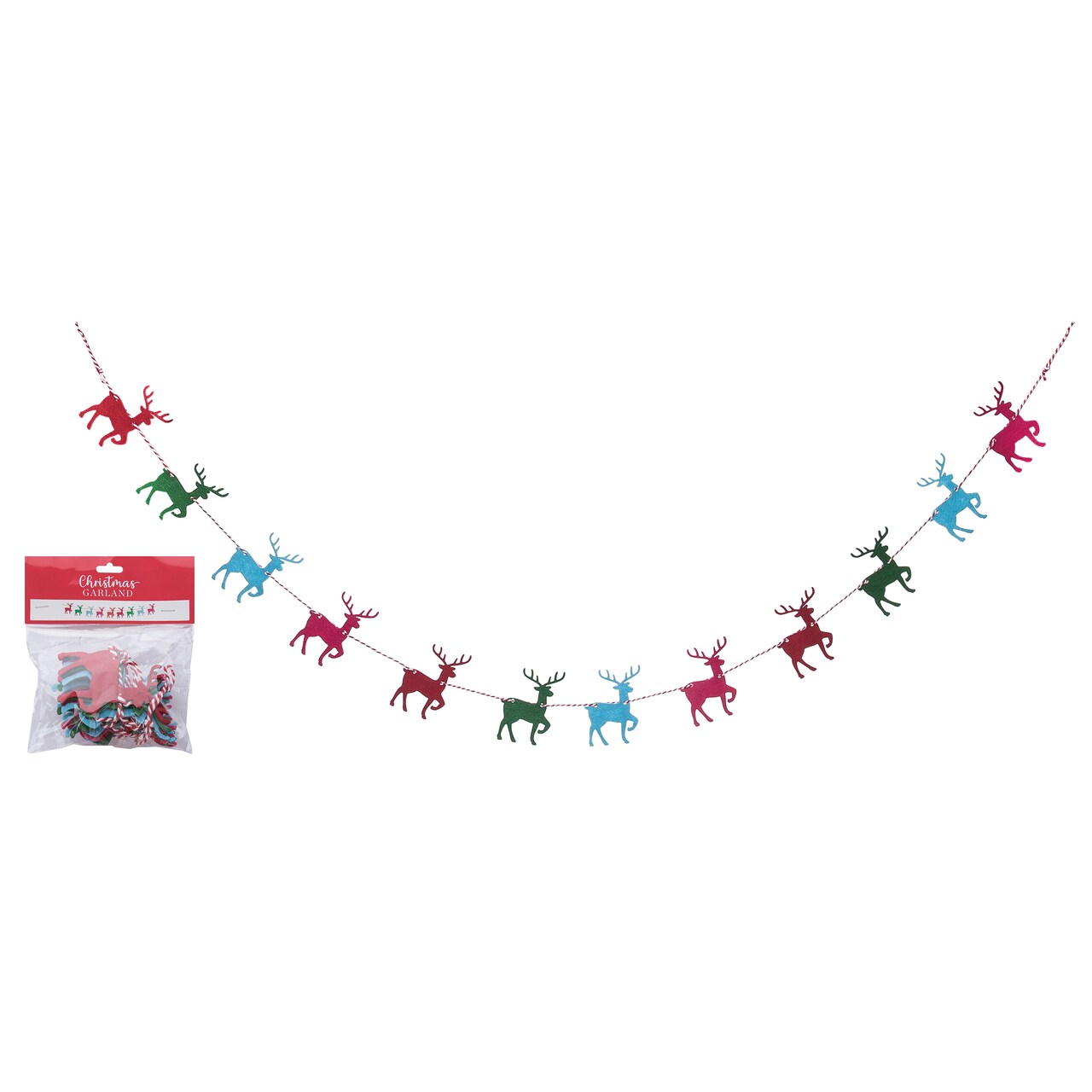 Transpac 68" Multicolor Christmas Prancing Reindeer Banner, Felt Decorative Wall Garland, Fabric, 1.57" Height, Spot Clean